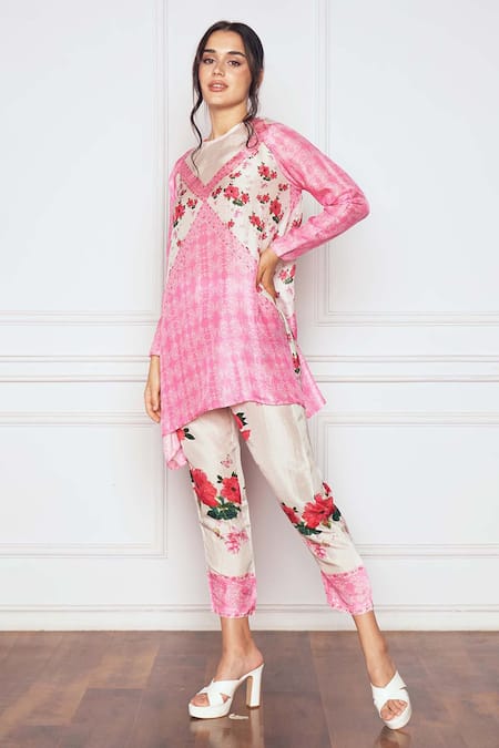 SAKSHI GIRRI_Pink Silk Embroidery Round Neck Printed Asymmetric Tunic And Pant Set_Online_at_Aza_Fashions