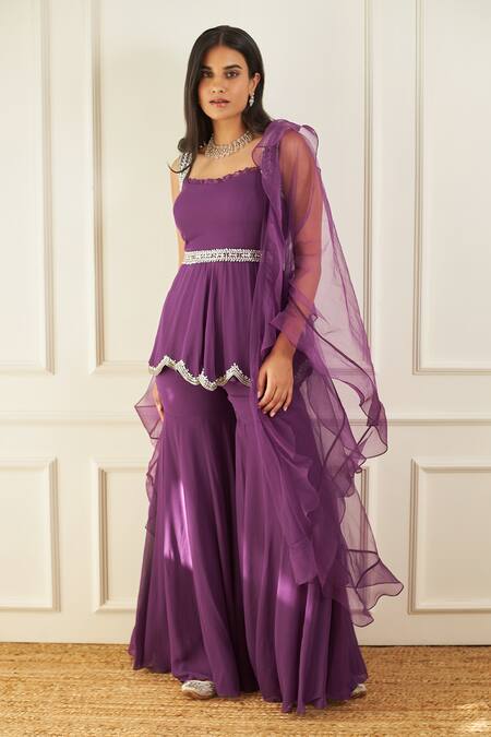 Label Sanya Gulati_Purple Organza, Georgette, Lining Peplum Gharara Set With Ruffle Dupatta_Online_at_Aza_Fashions