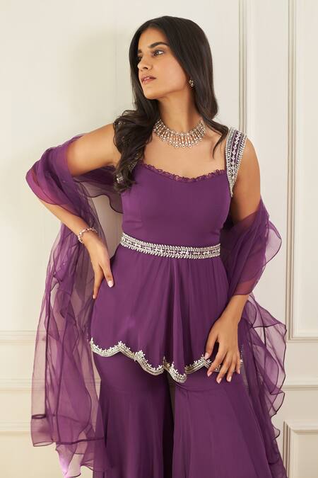 Buy_Label Sanya Gulati_Purple Organza, Georgette, Lining Peplum Gharara Set With Ruffle Dupatta_Online_at_Aza_Fashions