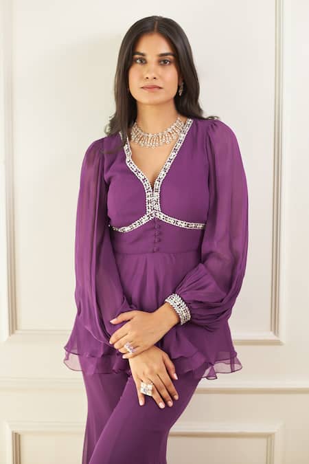Buy_Label Sanya Gulati_Purple Organza, Georgette, Lining Layered Ruffle Peplum And Flared Pant Set_Online_at_Aza_Fashions