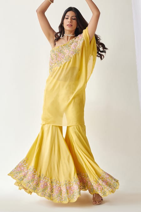 Koashee By Shubitaa Yellow Silk Embroidery One Shoulder Resham Sharara Top Set Online at Aza Fashions Koashee By Shubitaa_Yellow Silk Embroidery One Shoulder Resham Sharara Top Set _Online_at_Aza_Fashions