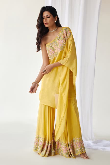 Buy Koashee By Shubitaa Yellow Silk Embroidery One Shoulder Resham Sharara Top Set Online at Aza Fashions Buy_Koashee By Shubitaa_Yellow Silk Embroidery One Shoulder Resham Sharara Top Set _Online_at_Aza_Fashions