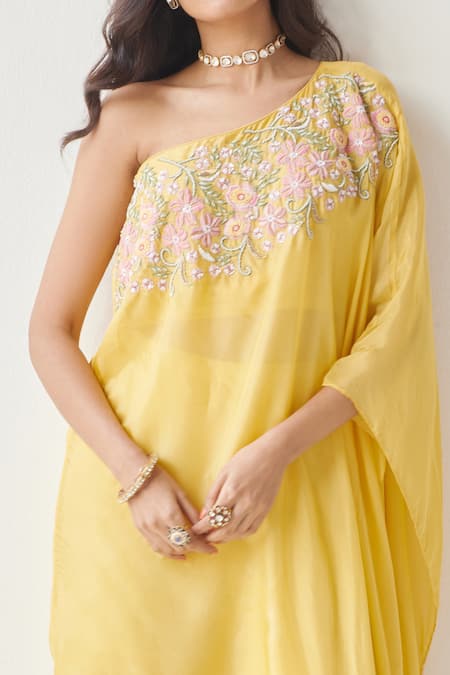 Shop Koashee By Shubitaa Yellow Silk Embroidery One Shoulder Resham Sharara Top Set Online at Aza Fashions Shop_Koashee By Shubitaa_Yellow Silk Embroidery One Shoulder Resham Sharara Top Set _Online_at_Aza_Fashions