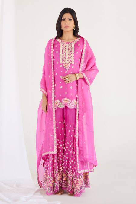 Koashee By Shubitaa_Pink Silk, Organza Embroidery, Sequins Round Neck Zardozi Sharara Set _Online_at_Aza_Fashions