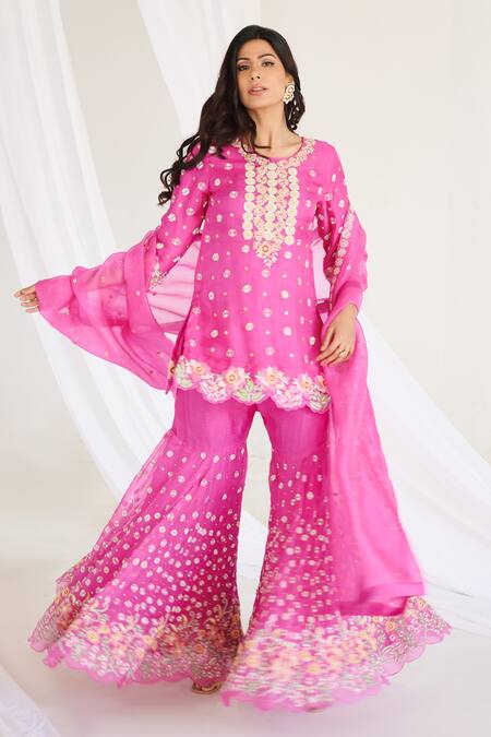 Shop_Koashee By Shubitaa_Pink Silk, Organza Embroidery, Sequins Round Neck Zardozi Sharara Set _Online_at_Aza_Fashions