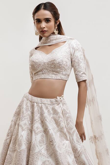 Kalighata Ivory Silk Cut Work, Sequins V-neck Raw Embellished Bridal Lehenga Set Online at Aza Fashions Kalighata_Ivory Silk Cut Work, Sequins V-neck Raw Embellished Bridal Lehenga Set _Online_at_Aza_Fashions