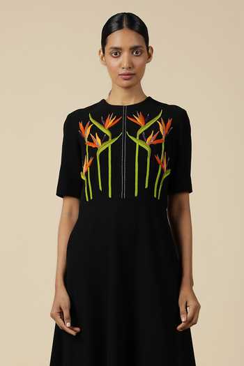 Shahin Mannan Black Crepe Embroidery Round Neck Bird Of Paradise Dress Online at Aza Fashions Shahin Mannan_Black Crepe Embroidery Round Neck Bird Of Paradise Dress _Online_at_Aza_Fashions