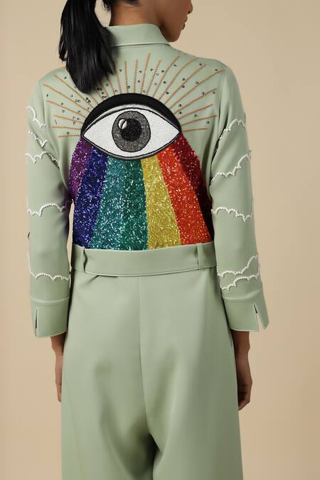 Buy_Shahin Mannan_Green Crepe Sequins Collared Cloud And Rainbow Embroidered Jumpsuit With Belt _Online_at_Aza_Fashions