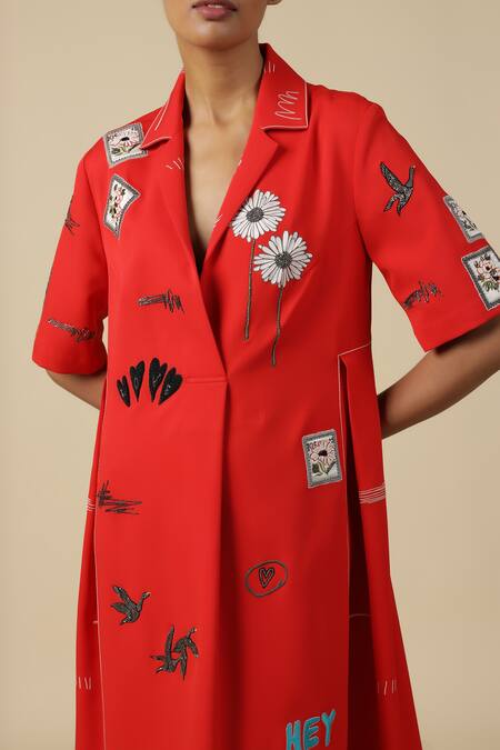 Shop_Shahin Mannan_Red Crepe Embroidery Collared Funky Pattern Dress _Online_at_Aza_Fashions