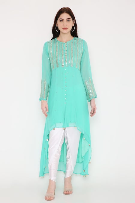 Bha Sha Blue Georgette, Silk Satin Sequins, Shama Asymmetric Tunic And Dhoti Pant Set Online at Aza Fashions Bha Sha_Blue Georgette, Silk Satin Sequins, Shama Asymmetric Tunic And Dhoti Pant Set _Online_at_Aza_Fashions