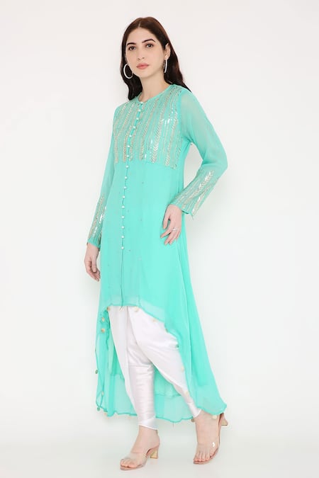 Buy Bha Sha Blue Georgette, Silk Satin Sequins, Shama Asymmetric Tunic And Dhoti Pant Set Online at Aza Fashions Buy_Bha Sha_Blue Georgette, Silk Satin Sequins, Shama Asymmetric Tunic And Dhoti Pant Set _Online_at_Aza_Fashions