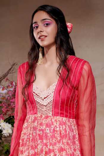 SHASHA GABA_Pink Viscose, Organza, Crepe Lace Printed Serene A-line Kurta And Dhoti Pant Set _Online_at_Aza_Fashions
