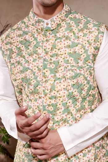 SHASHA GABA_Green Viscose, Chanderi Embroidery Floral Printed Quilted Bundi _Online_at_Aza_Fashions