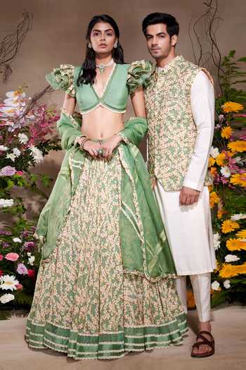 SHASHA GABA_Green Viscose, Organza, Modal Embroidery V-neck Fortune Lehenga Set _Online_at_Aza_Fashions