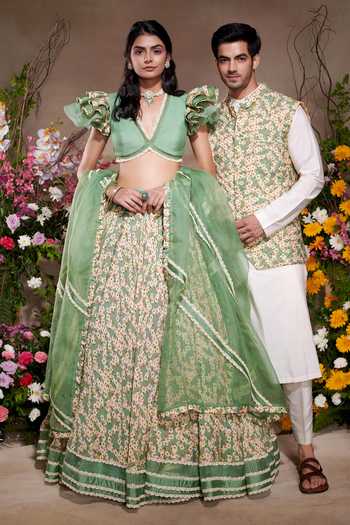 Buy_SHASHA GABA_Green Viscose, Chanderi Embroidery Floral Printed Quilted Bundi _Online_at_Aza_Fashions