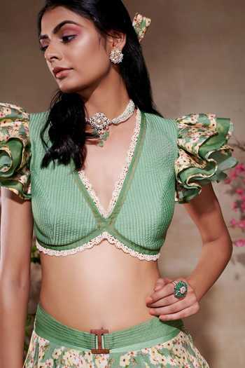 Shop_SHASHA GABA_Green Viscose, Organza, Modal Embroidery V-neck Fortune Lehenga Set _Online_at_Aza_Fashions