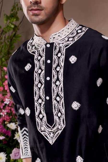 SHASHA GABA_Black Chanderi Embroidery Ratan Kurta _Online_at_Aza_Fashions
