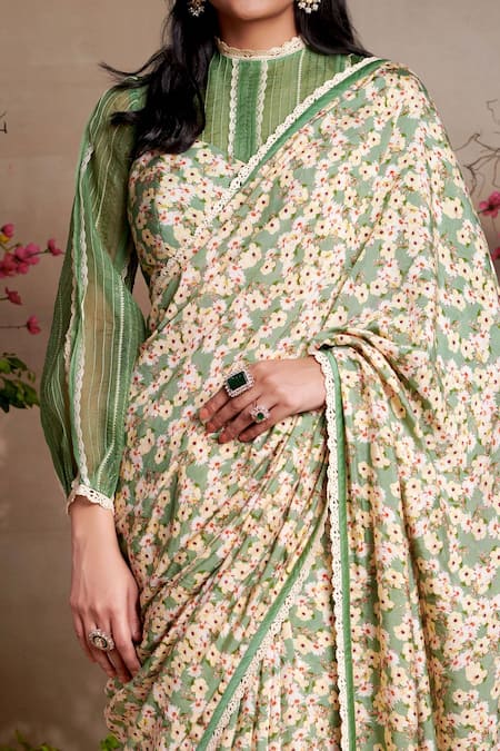 SHASHA GABA Green Viscose, Organza, Modal, Satin Lace Printed Flourish Saree With Blouse Online at Aza Fashions SHASHA GABA_Green Viscose, Organza, Modal, Satin Lace Printed Flourish Saree With Blouse _Online_at_Aza_Fashions