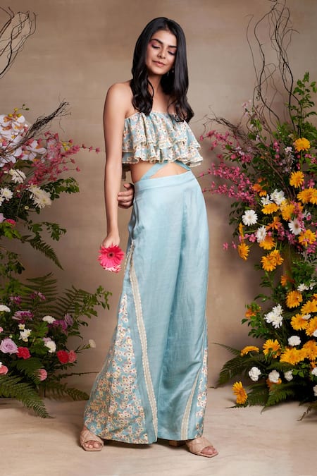 SHASHA GABA_Blue Linen, Viscose, Chanderi Embroidery Printed Charm Top And Flared Pant Set _Online_at_Aza_Fashions