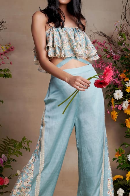Buy_SHASHA GABA_Blue Linen, Viscose, Chanderi Embroidery Printed Charm Top And Flared Pant Set _Online_at_Aza_Fashions