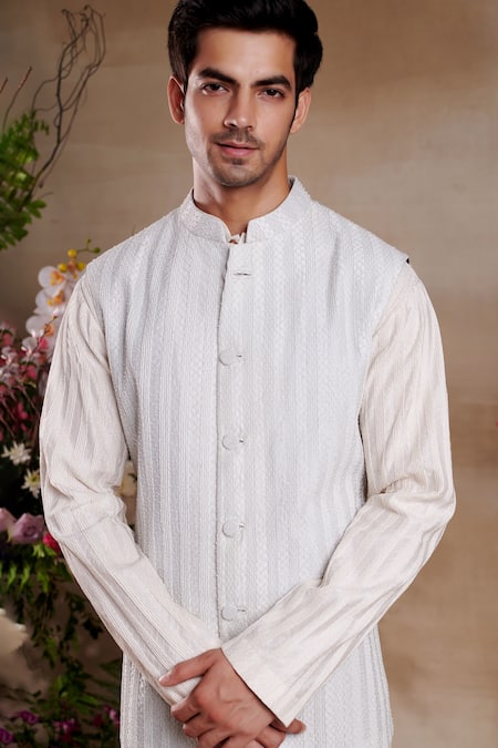 SHASHA GABA_Blue Chanderi Pearls Utsav Zari Work Waist Coat With Kurta _Online_at_Aza_Fashions