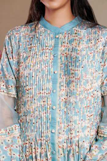 SHASHA GABA_Blue Organza, Viscose, Chanderi, Satin Printed Peace A-line Kurta And Pant Set _Online_at_Aza_Fashions