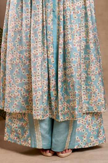 Buy_SHASHA GABA_Blue Organza, Viscose, Chanderi, Satin Printed Peace A-line Kurta And Pant Set _Online_at_Aza_Fashions