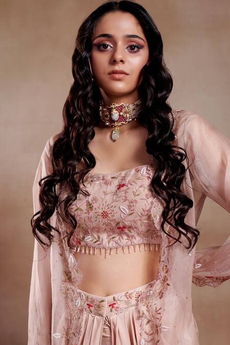 SHASHA GABA_Pink Organza Tassels Herbs Lips Long Shrug And Embroidered Dhoti Pant Set _Online_at_Aza_Fashions