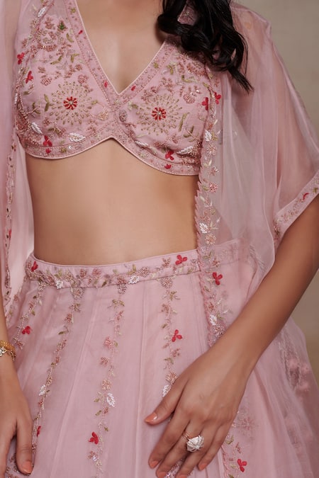 Shop_SHASHA GABA_Pink Organza Beads, Cut Work, Sequins, Embroidery Rosa Queen Jacket Lehenga Set _Online_at_Aza_Fashions