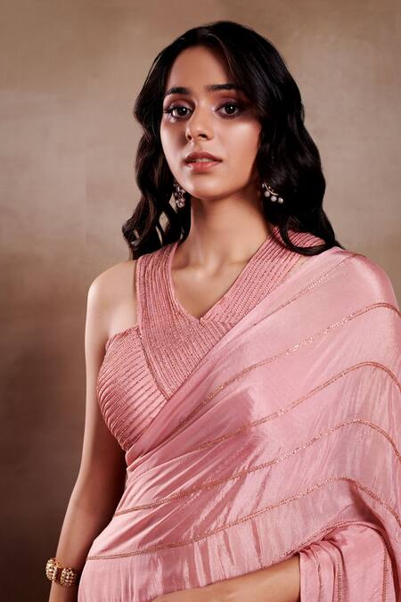 SHASHA GABA_Pink Chiffon Cut Work V-neck Rosa Angelina Saree With Blouse _Online_at_Aza_Fashions