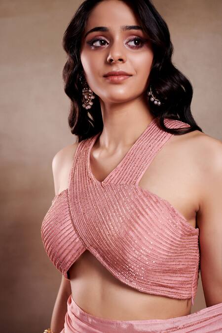 Buy_SHASHA GABA_Pink Chiffon Cut Work V-neck Rosa Angelina Saree With Blouse _Online_at_Aza_Fashions