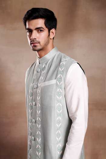 SHASHA GABA_Green Chanderi Embroidery Daksh Flower Waist Coat _Online_at_Aza_Fashions