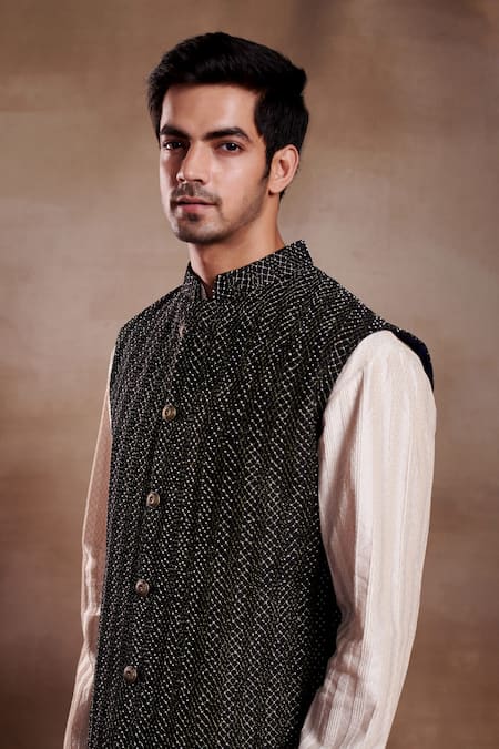 Buy SHASHA GABA Black Chanderi Pearls, Zari Arth Work Waist Coat With Kurta Online at Aza Fashions Buy_SHASHA GABA_Black Chanderi Pearls, Zari Arth Work Waist Coat With Kurta _Online_at_Aza_Fashions