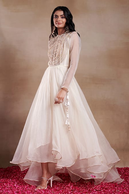 SHASHA GABA Ivory Organza Embroidery Round Neck Bliss Mandala Gown Online at Aza Fashions SHASHA GABA_Ivory Organza Embroidery Round Neck Bliss Mandala Gown _Online_at_Aza_Fashions