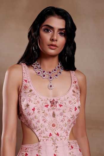 Buy_SHASHA GABA_Pink Organza Embroidery, Sequins Scoop Neck Rosa Belle Gown _Online_at_Aza_Fashions