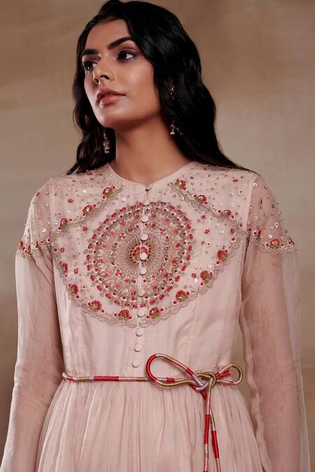 SHASHA GABA_Pink Organza Cut Work Round Neck Rosie Mandala Embroidered Gown _Online_at_Aza_Fashions