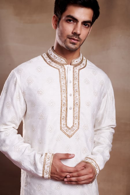 SHASHA GABA_Ivory Brocade Pearls, Zari Ambar Hand Embroidered Sherwani _Online_at_Aza_Fashions