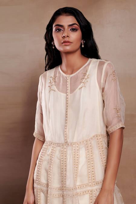 SHASHA GABA_Cream Organza Embroidery Bead And Cutdana Round Kurta & Palazzo Set _Online_at_Aza_Fashions