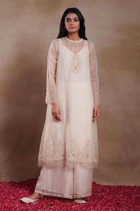 SHASHA GABA_Cream Organza Beads, Sequins, Cut Work Round Rosa Woodli Kurta And Palazzo Set _Online_at_Aza_Fashions