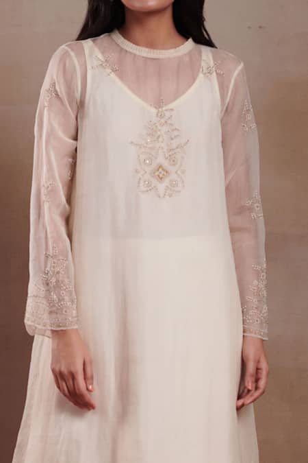 Shop_SHASHA GABA_Cream Organza Beads, Sequins, Cut Work Round Rosa Woodli Kurta And Palazzo Set _Online_at_Aza_Fashions
