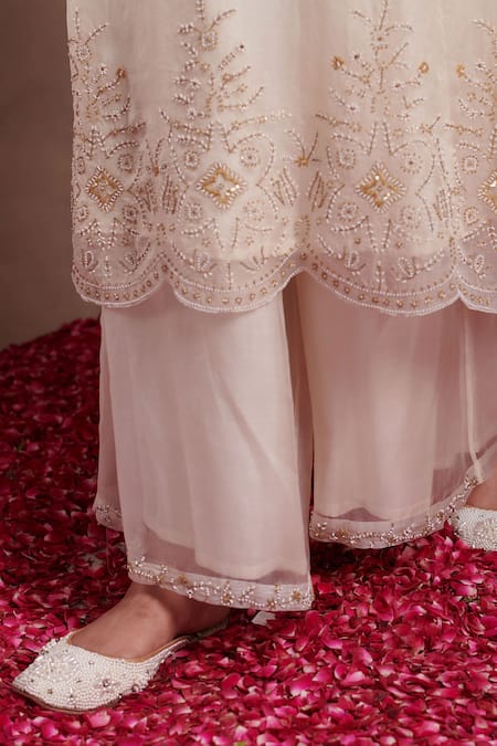 Buy_SHASHA GABA_Cream Organza Beads, Sequins, Cut Work Round Rosa Woodli Kurta And Palazzo Set _Online_at_Aza_Fashions