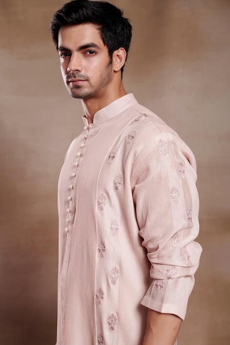 SHASHA GABA_Pink Chanderi Sequins, Embroidery Veer Pintucked Kurta _Online_at_Aza_Fashions