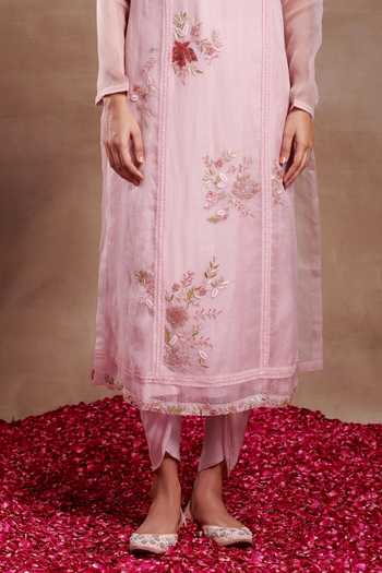 SHASHA GABA_Pink Organza Embroidery Bandeau Neck Hues Hand Kurta And Dhoti Pant Set _Online_at_Aza_Fashions
