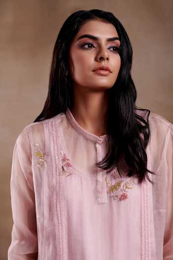 Buy_SHASHA GABA_Pink Organza Embroidery Bandeau Neck Hues Hand Kurta And Dhoti Pant Set _Online_at_Aza_Fashions