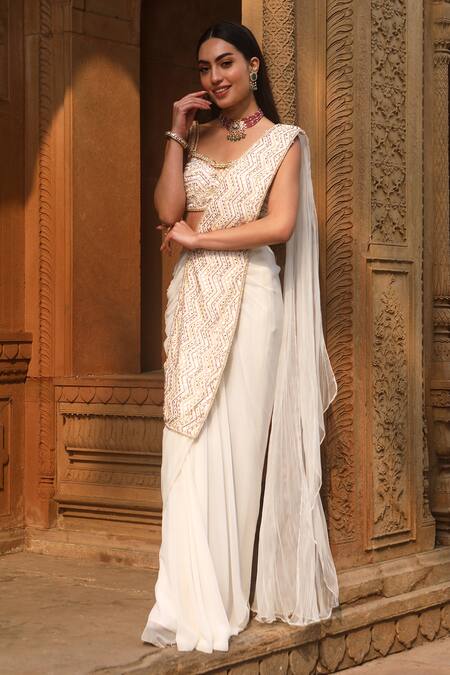 Buy Dheeru Taneja Ivory Georgette Sequins, Mirrors, Beads Shezan Pre-draped Saree With Blouse Online at Aza Fashions Buy_Dheeru Taneja_Ivory Georgette Sequins, Mirrors, Beads Shezan Pre-draped Saree With Blouse _Online_at_Aza_Fashions