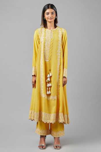 Inej_Yellow Rayon Tassels, Embroidery Round Paisley Side Gathered Kurta With Palazzo_Online_at_Aza_Fashions