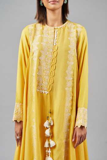 Buy_Inej_Yellow Rayon Tassels, Embroidery Round Paisley Side Gathered Kurta With Palazzo_Online_at_Aza_Fashions