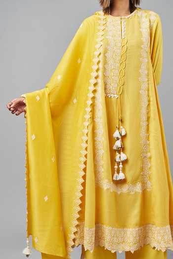 Shop_Inej_Yellow Rayon Tassels, Embroidery Round Paisley Side Gathered Kurta With Palazzo_Online_at_Aza_Fashions