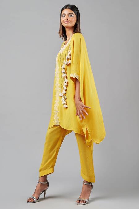 Buy_Inej_Yellow Rayon Tassels Asymmetric Draped Paisley Embroidered Kaftan With Pant_Online_at_Aza_Fashions