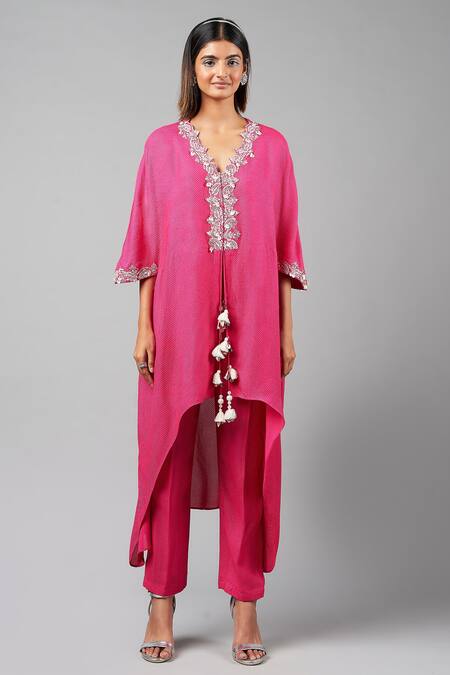 Inej_Fuchsia Rayon Pearls Round Neck Threadwork High Low Cape Kurta With Pant_Online_at_Aza_Fashions